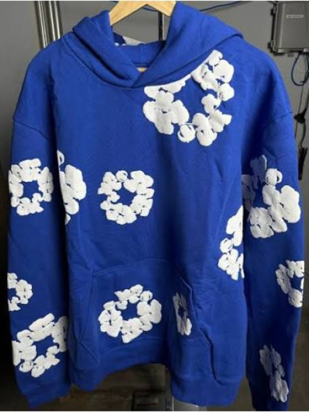 Men's Royal Blue Crewneck Hoodie with White Floral Appliqué